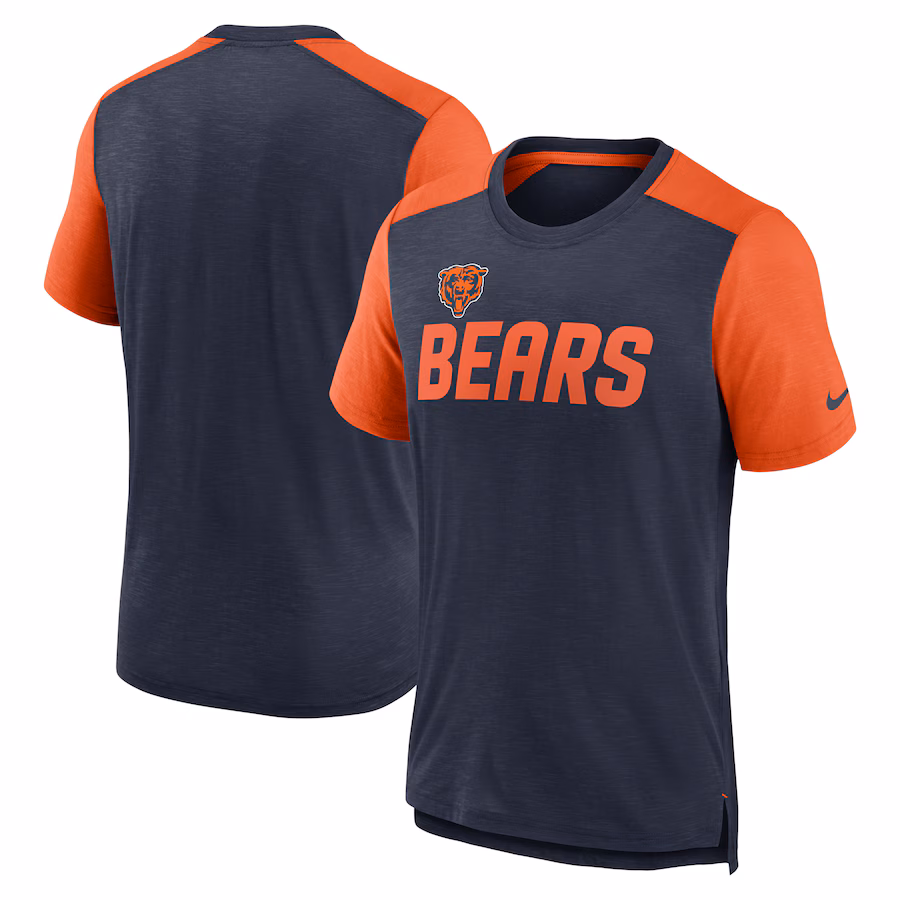 Men's Chicago Bears Nike Heathered Navy/Heathered Orange Color Block Team Name T-Shirt - Jersey
