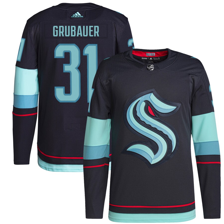 Men's Seattle Kraken Philipp Grubauer adidas Navy Home Authentic Primegreen Player Jersey - Jersey