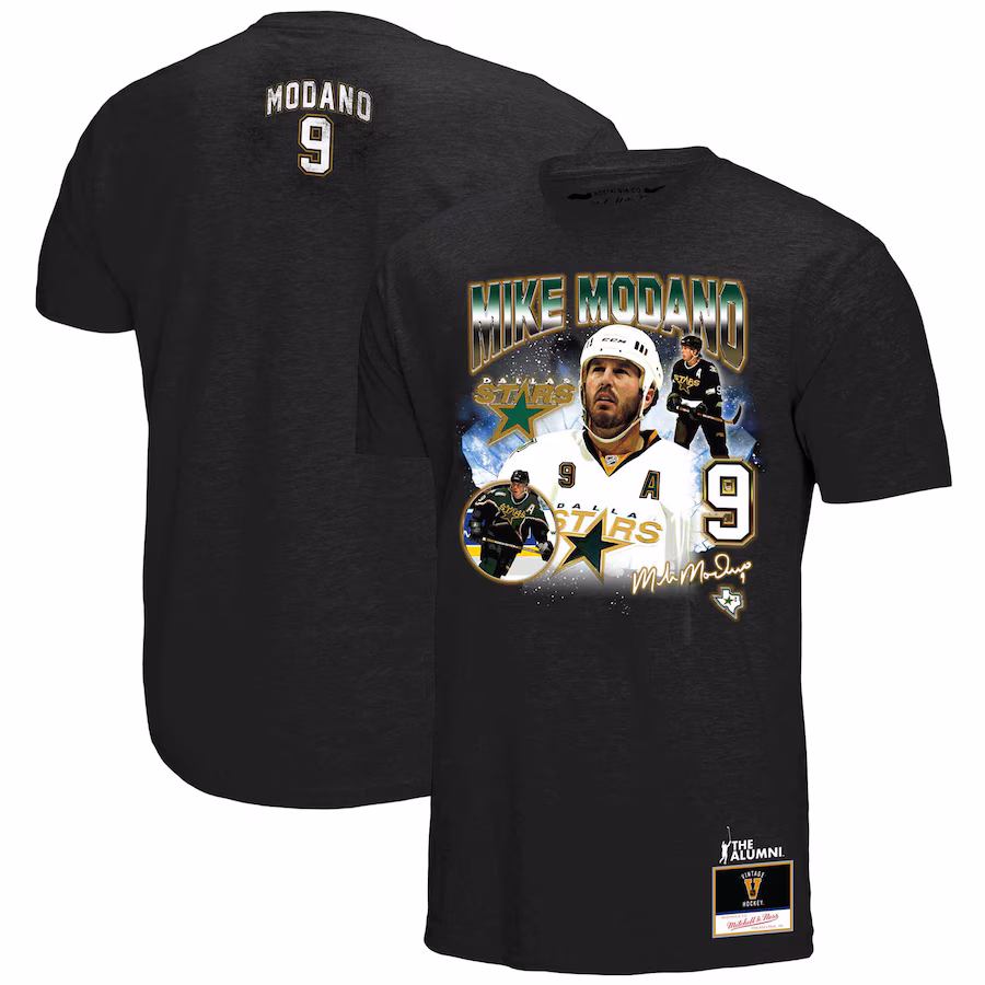 Men's Dallas Stars Mike Modano Mitchell & Ness Black Name & Number Legendary Collage T-Shirt - Jersey