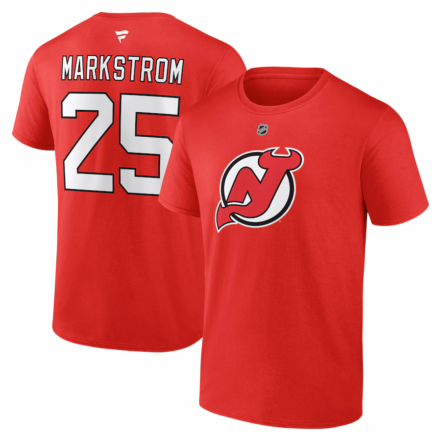 Men's New Jersey Devils Jacob Markstrom Fanatics Red Authentic Stack Name & Number T-Shirt - Jersey