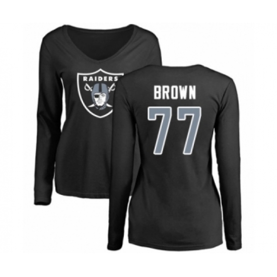 Football Women's Oakland Raiders #77 Trent Brown Black Name & Number Logo Long Sleeve T-Shirt - Jersey