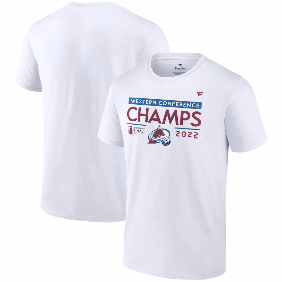 Men's Colorado Avalanche Fanatics White 2022 Western Conference Champions Locker Room T-Shirt - Jersey