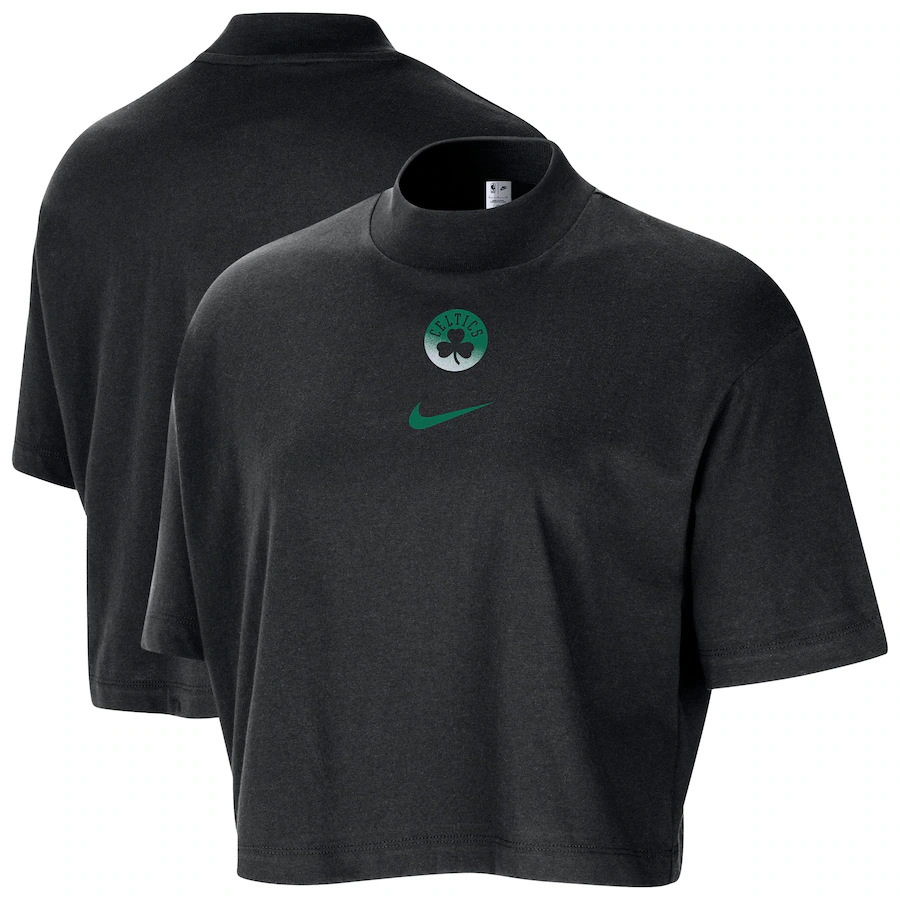 Women's Boston Celtics Nike Black Courtside Mock Neck Loose Fit Cropped T-Shirt - Jersey