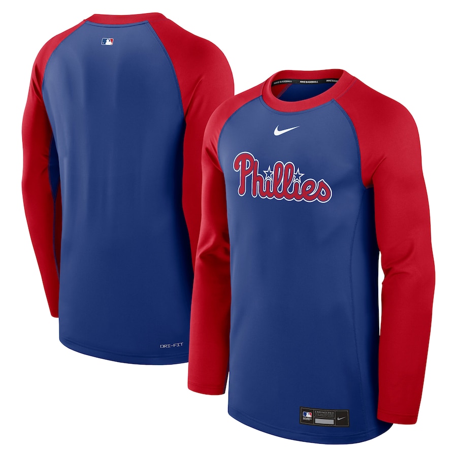 Men's Philadelphia Phillies Nike Royal/Red Authentic Collection Game Time Raglan Performance Long Sleeve T-Shirt - Jersey