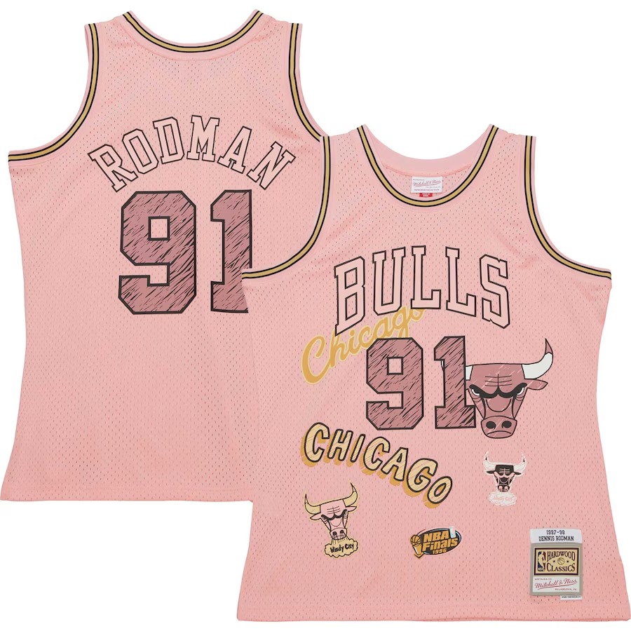 Men's Chicago Bulls Dennis Rodman Mitchell & Ness Pink 1997/98 Swingman Sidewalk Sketch Jersey - Jersey