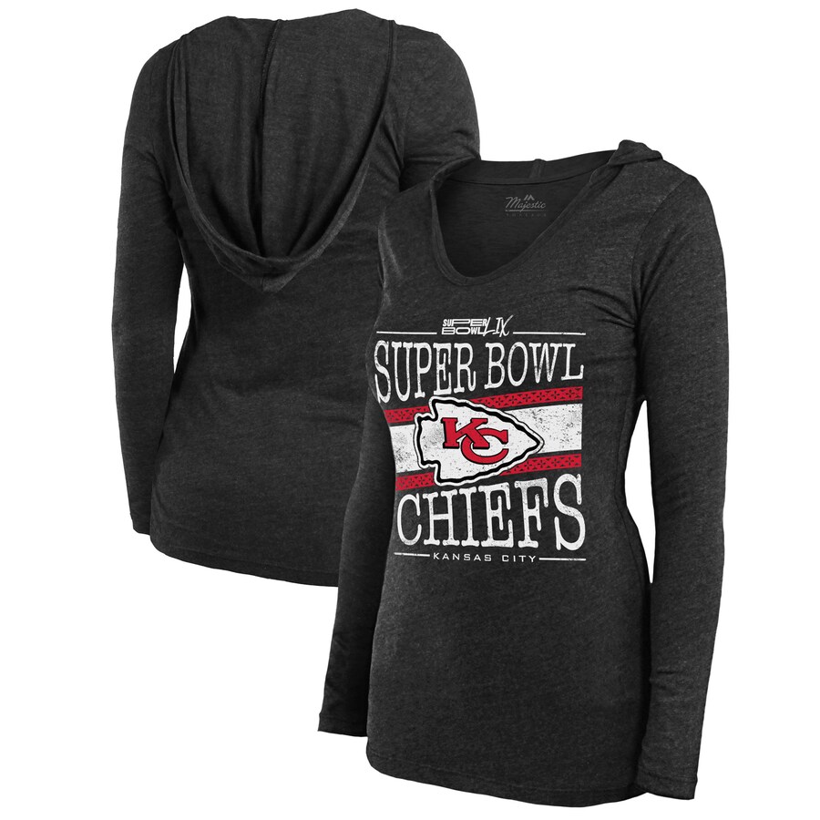 Women's Kansas City Chiefs Majestic Threads Heather Charcoal Super Bowl LIX Dapper Tri-Blend V-Neck Long Sleeve Hoodie T-Shirt - Jersey