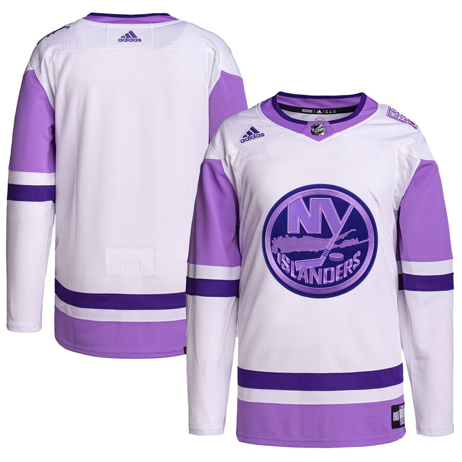 Men's New York Islanders adidas White/Purple Hockey Fights Cancer Primegreen Authentic Blank Practice Jersey - Jersey