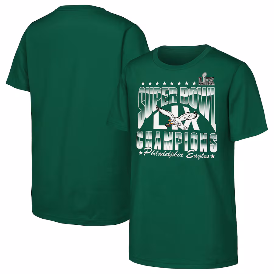 Youth Philadelphia Eagles Kelly Green Super Bowl LIX Champions Retro Arch T-Shirt - Jersey