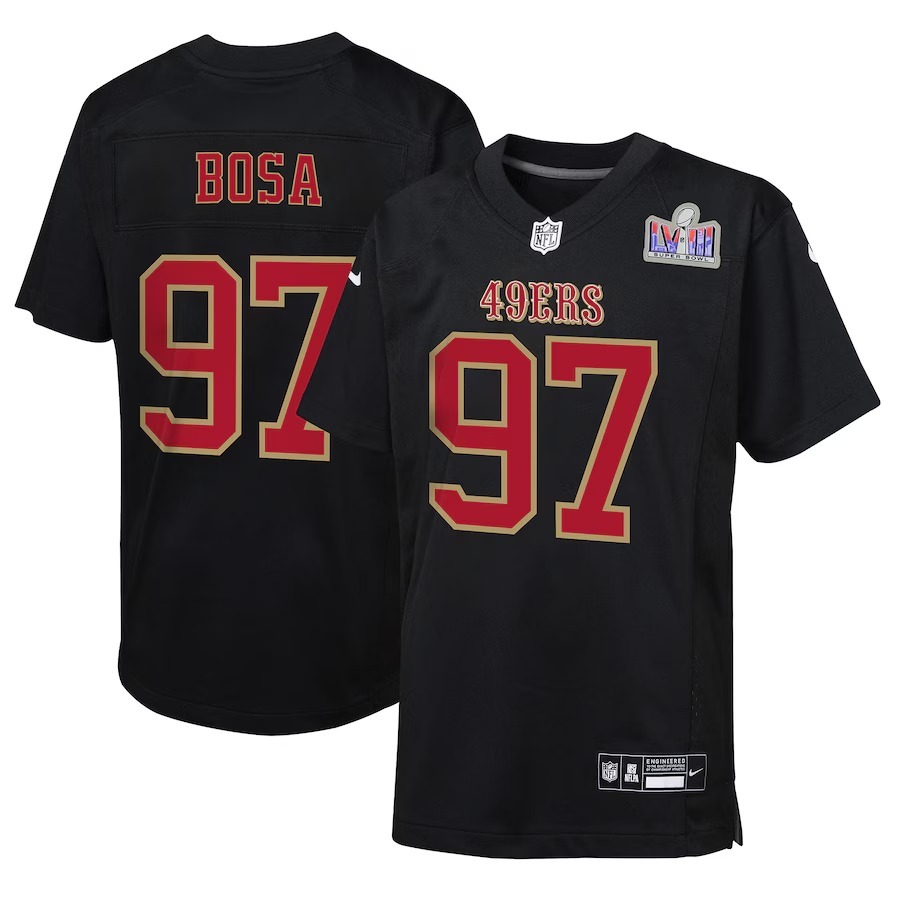 Youth San Francisco 49ers Nick Bosa Nike Black Super Bowl LVIII Patch Carbon Fashion Game Jersey - Jersey