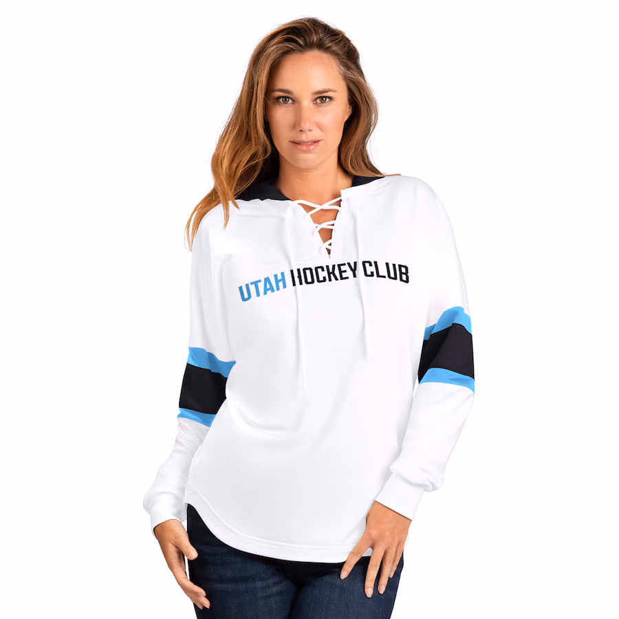 Women's Utah Hockey Club G-III 4Her by Carl Banks White Goal Zone Long Sleeve Lace-Up Hoodie T-Shirt - Jersey