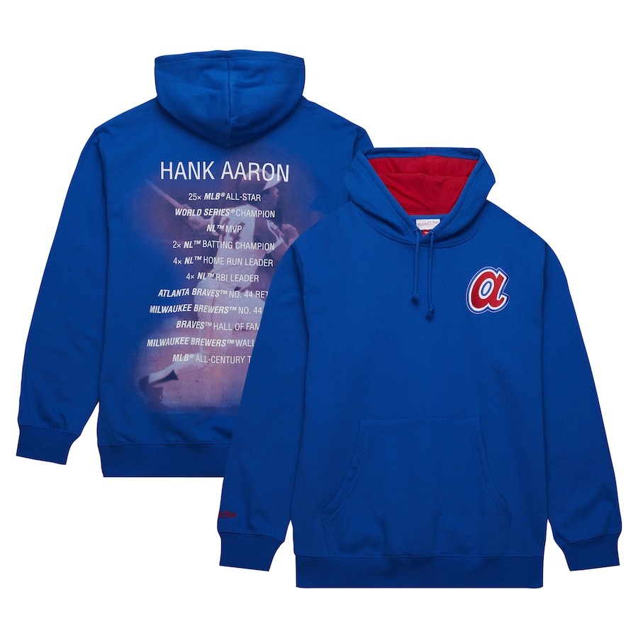 Men's Atlanta Braves Hank Aaron Mitchell & Ness Royal Vintage Logo Name & Number Pullover Hoodie - Jersey