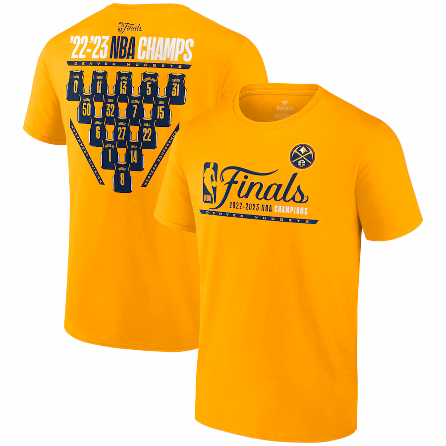Men's Denver Nuggets  Fanatics Gold 2023 NBA Finals Champions Close Out Jersey Roster T-Shirt - Jersey