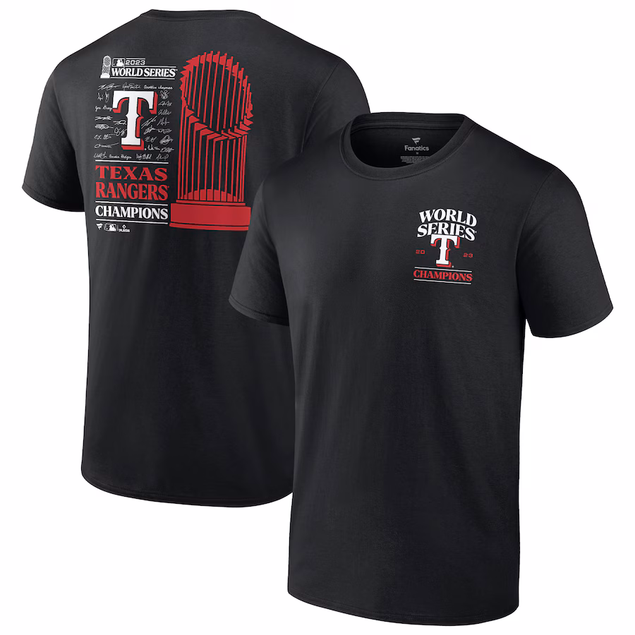 Men's Texas Rangers Fanatics Black 2023 World Series Champions Signature Roster T-Shirt - Jersey