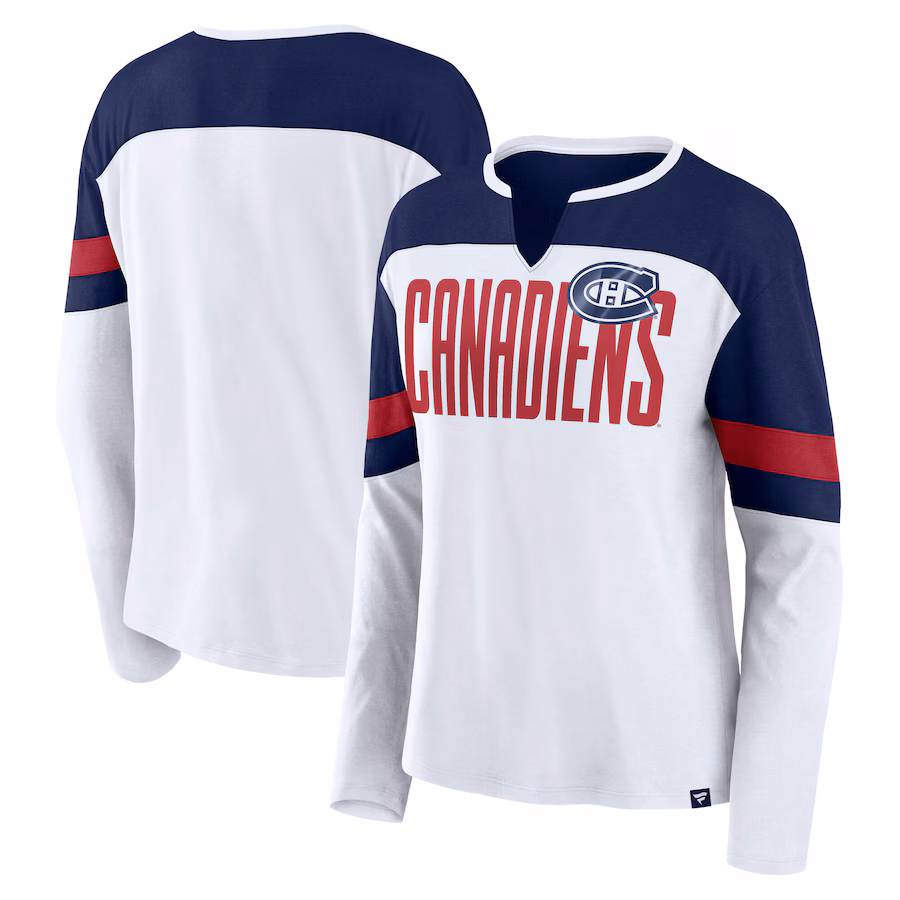 Women's Montreal Canadiens Fanatics White/Navy Frozen Long Sleeve Notch Neck T-Shirt - Jersey