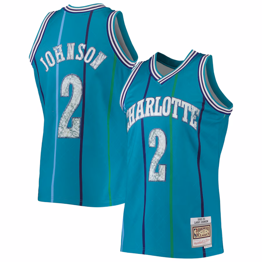 Men's Charlotte Hornets Larry Johnson Mitchell & Ness Teal 1996/97 Hardwood Classics NBA 75th Anniversary Diamond Swingman Jersey - Jersey