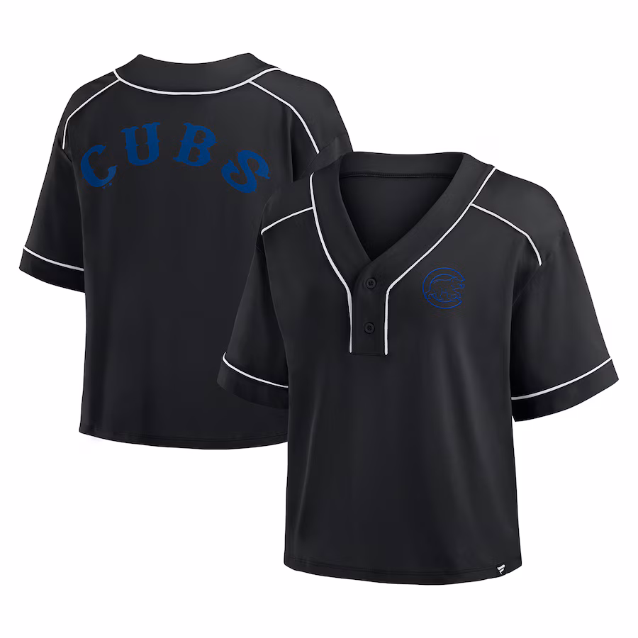 Women's Chicago Cubs Fanatics Black Oversized Champ Game Cropped V-Neck T-Shirt - Jersey