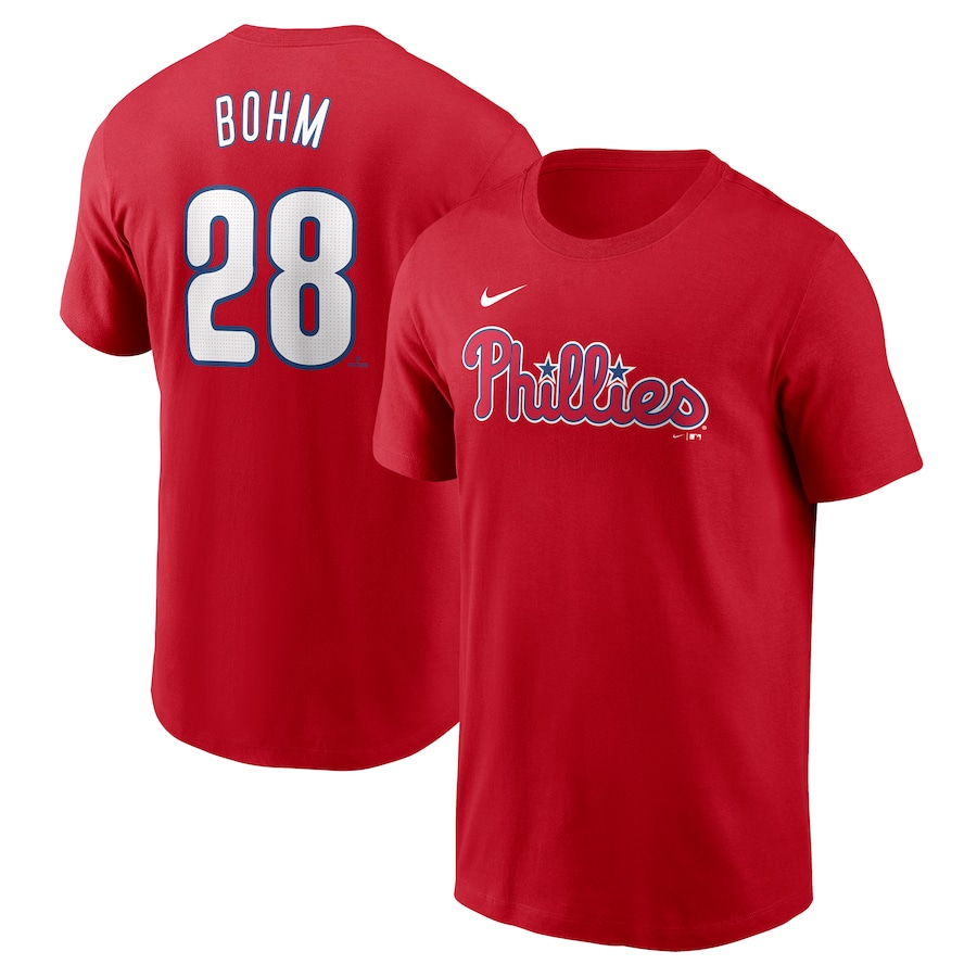 Men's Philadelphia Phillies Alec Bohm Nike Red Fuse Name & Number T-Shirt - Jersey