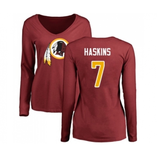 Football Women's Washington Redskins #7 Dwayne Haskins Maroon Name & Number Logo Long Sleeve T-Shirt - Jersey