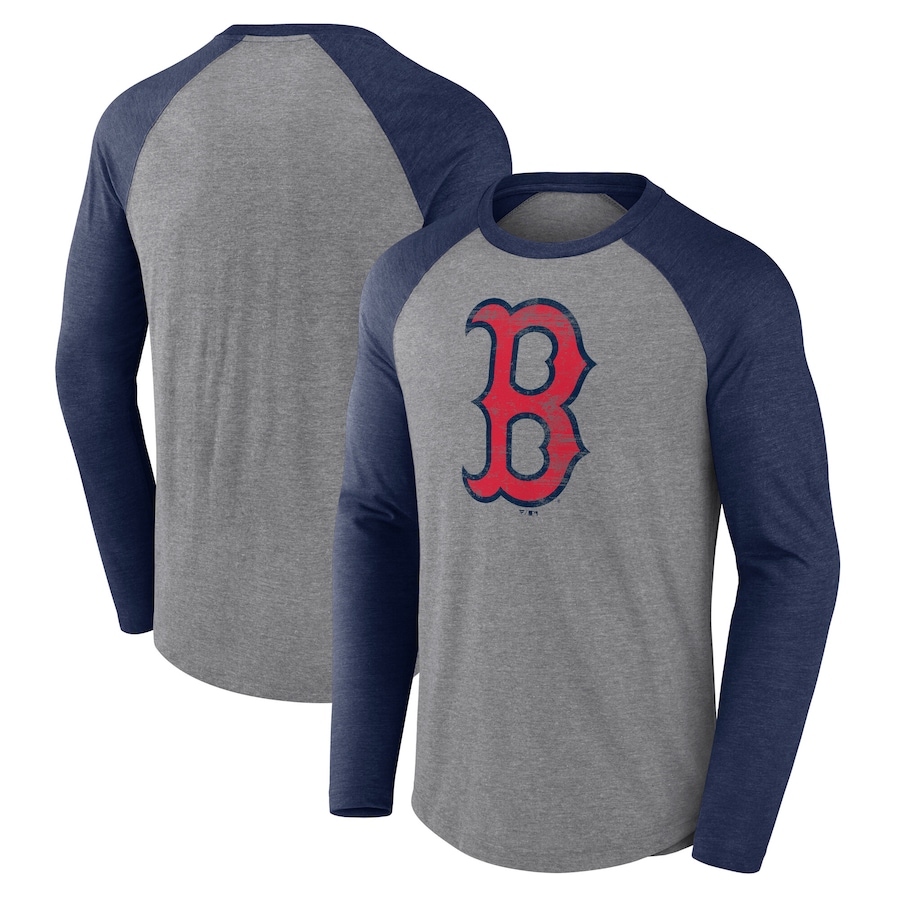 Men's Boston Red Sox Fanatics Heather Gray/Heather Navy Weathered Logo Tri-Blend Raglan Long Sleeve T-Shirt - Jersey