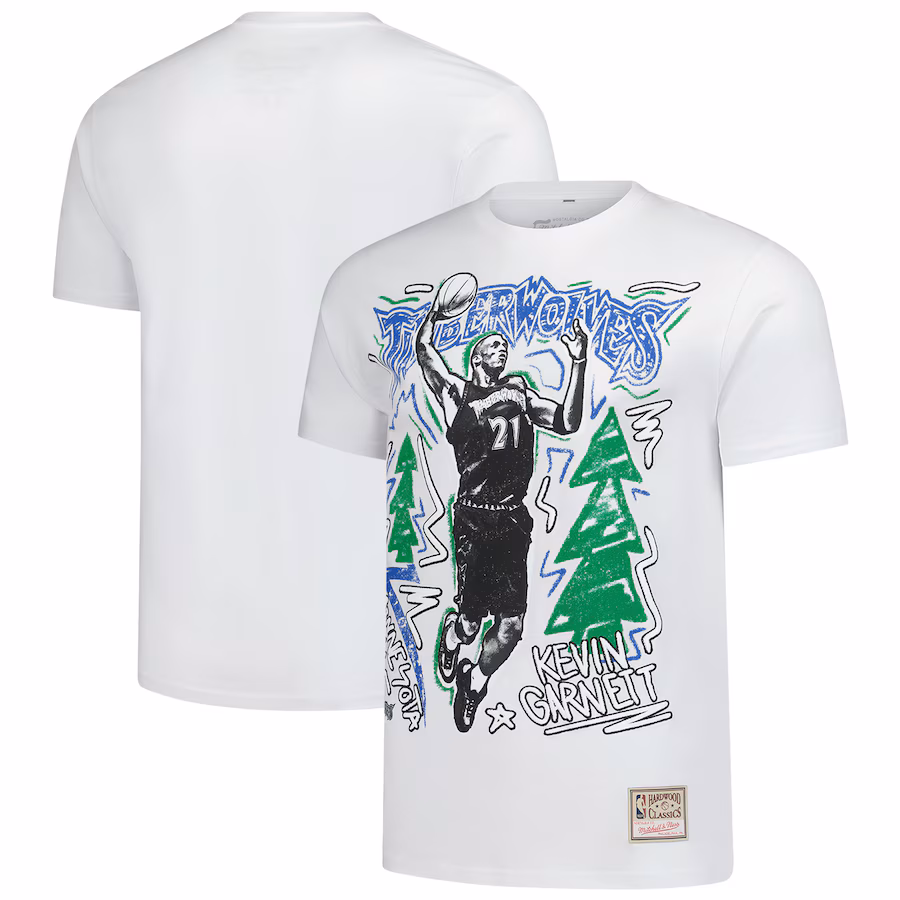Men's Minnesota Timberwolves Kevin Garnett Mitchell & Ness White Hardwood Classics Chalked Up T-Shirt - Jersey