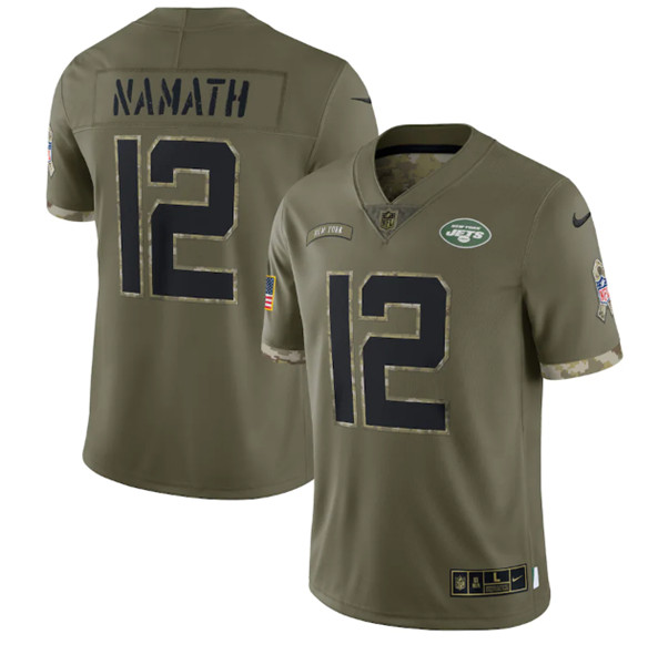 Men's New York Jets #12 Joe Namath 2022 Olive Salute To Service Limited Stitched Jersey - Jersey