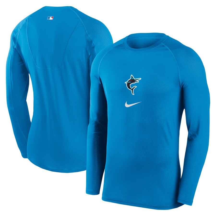 Men's Miami Marlins Nike Blue City Connect Base Layer Raglan Long Sleeve Performance T-Shirt - Jersey