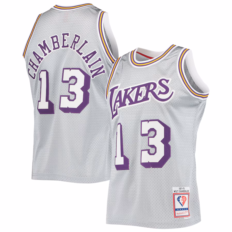Men's Los Angeles Lakers Wilt Chamberlain Silver Mitchell & Ness 75th Anniversary 1971/72 Hardwood Classics Swingman Jersey - Jersey