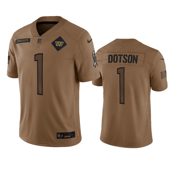 Men's Washington Commanders #1 Jahan Dotson 2023 Brown Salute To Service Limited Football Stitched Jersey - Jersey