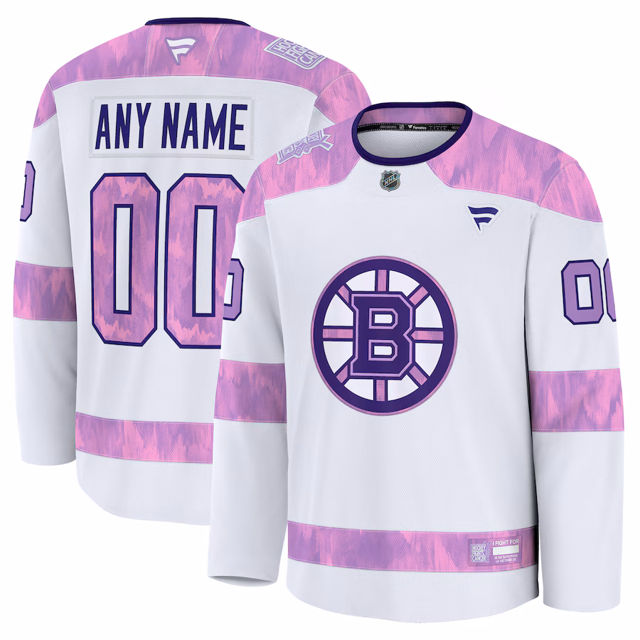 Men's Boston Bruins Fanatics White 2024 Hockey Fights Cancer Custom Practice Jersey - Jersey