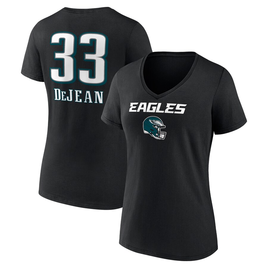 Women's  Philadelphia Eagles Cooper DeJean Black Team Wordmark Name & Number V-Neck T-Shirt - Jersey