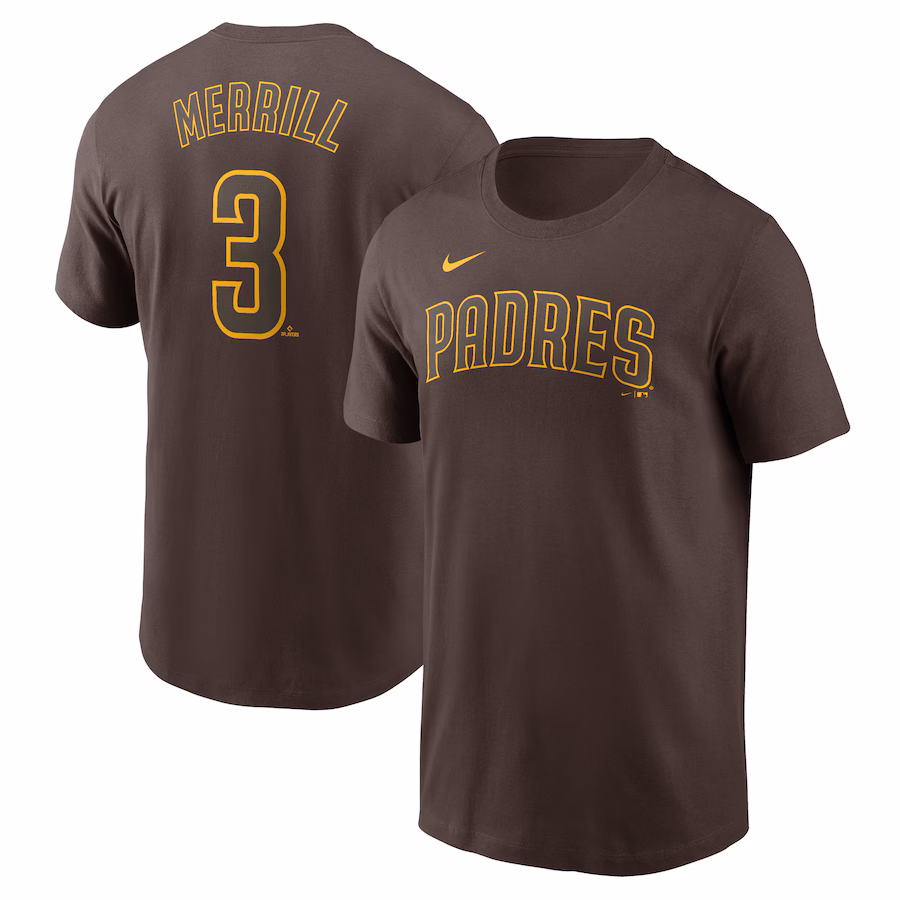 Men's San Diego Padres Jackson Merrill Nike Brown Fuse Name & Number T-Shirt - Jersey