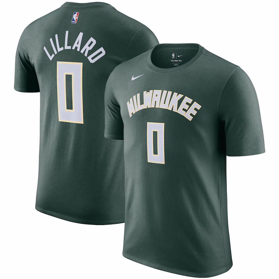 Men's Milwaukee Bucks Damian Lillard Nike Hunter Green Name & Number T-Shirt - Jersey