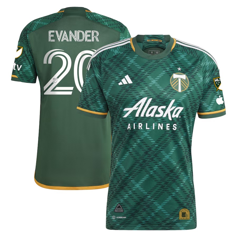 Men's Portland Timbers Evander adidas Green 2023 Portland Plaid Kit Authentic Jersey - Jersey