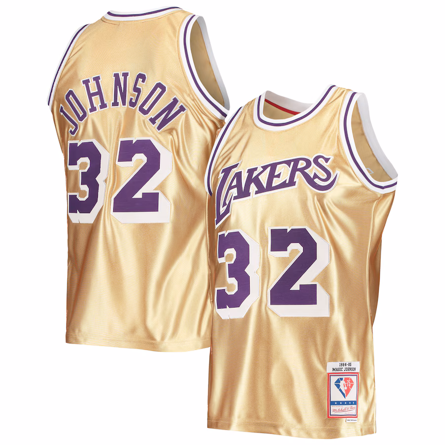 Men's Los Angeles Lakers Magic Johnson Gold Mitchell & Ness 75th Anniversary 1984/85 Hardwood Classics Swingman Jersey - Jersey