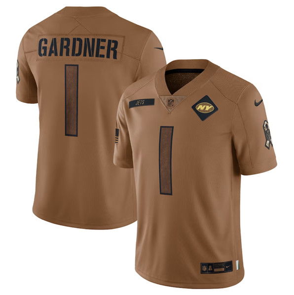 Men's New York Jets #1 Sauce Gardner 2023 Brown Salute To Service Limited Football Stitched Jersey - Jersey