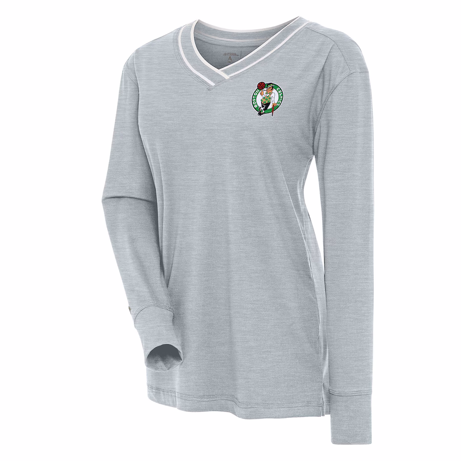 Women's Boston Celtics Antigua Heather Gray Symbolic Long Sleeve V-Neck Top - Jersey