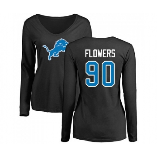Football Women's Detroit Lions #90 Trey Flowers Black Name & Number Logo Long Sleeve T-Shir - Jersey