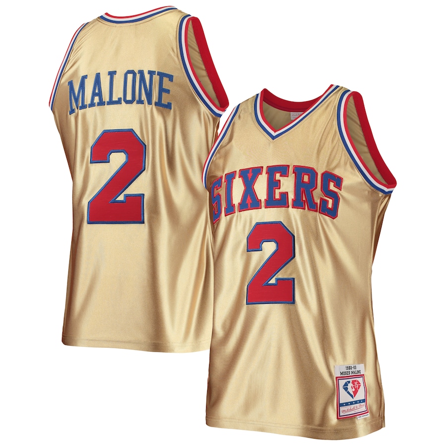 Men's Philadelphia 76ers Moses Malone Gold Mitchell & Ness 75th Anniversary 1982/83 Hardwood Classics Swingman Jersey - Jersey