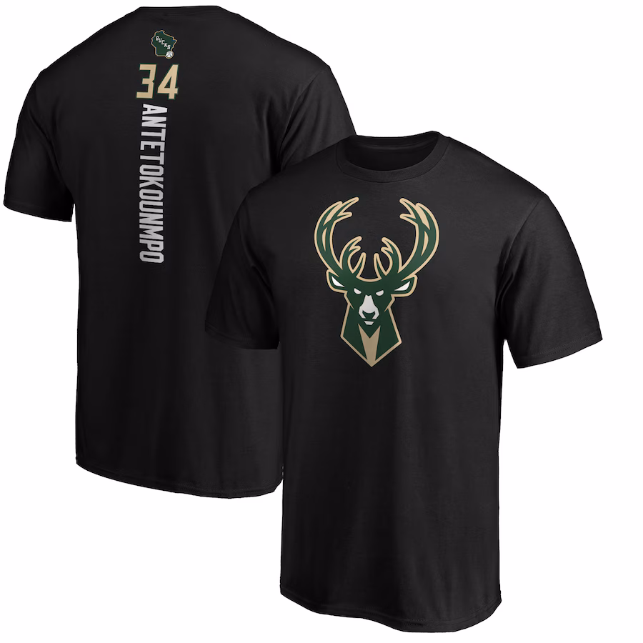 Men's Milwaukee Bucks Giannis Antetokounmpo Black Team Playmaker Name & Number T-Shirt - Jersey