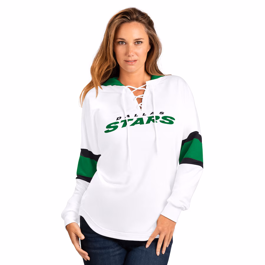 Women's Dallas Stars G-III 4Her by Carl Banks White Goal Zone Long Sleeve Lace-Up Hoodie T-Shirt - Jersey