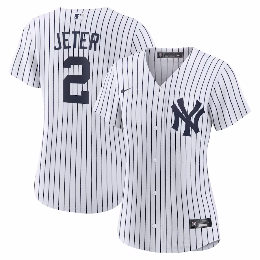 Women's New York Yankees Derek Jeter Nike White/Navy Home Replica Player Name Jersey - Jersey