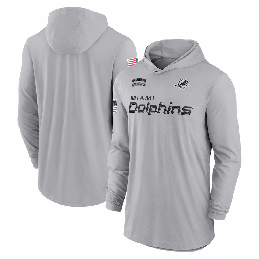 Men's Miami Dolphins Nike Gray 2024 Salute to Service Lightweight Performance Long Sleeve Hooded T-Shirt - Jersey
