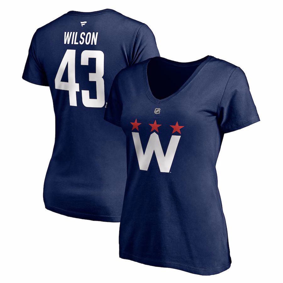 Women's Washington Capitals Tom Wilson Fanatics Navy 2020/21 Alternate Authentic Stack Name & Number V-Neck T-Shirt - Jersey