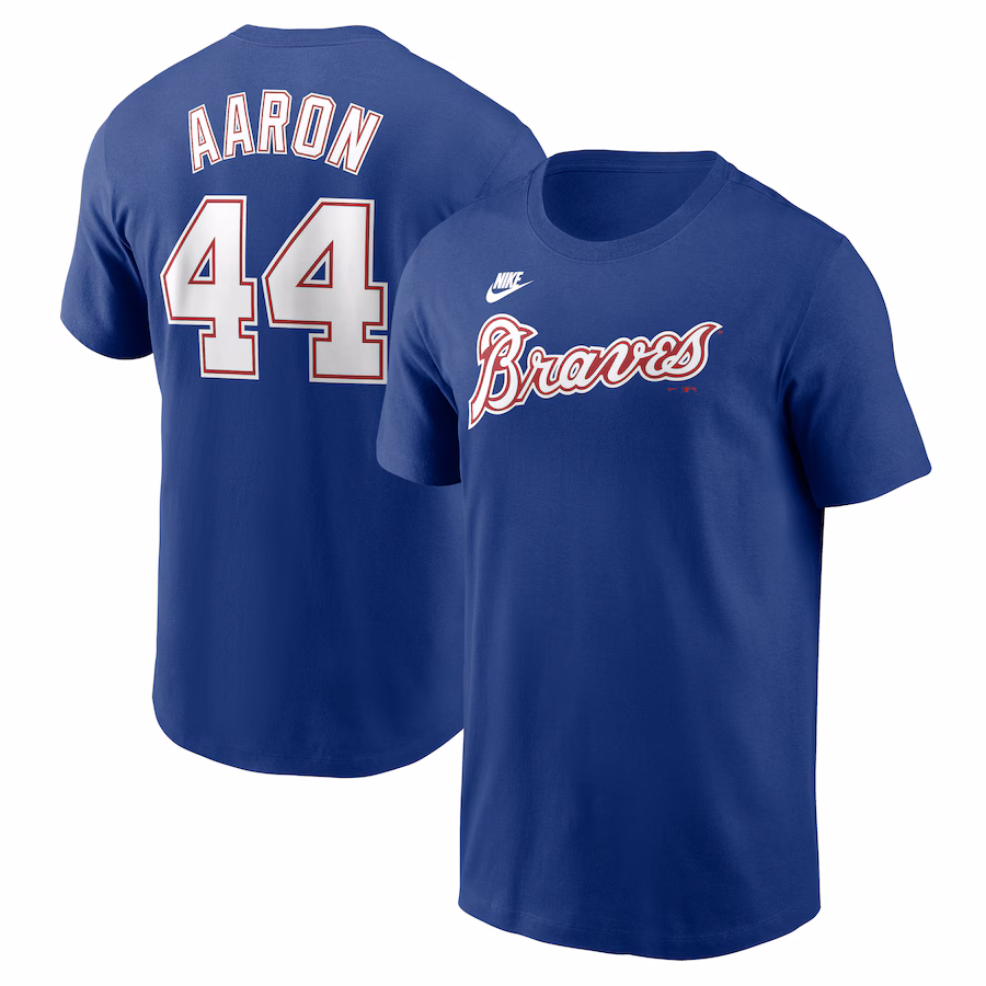 Men's Atlanta Braves Hank Aaron Nike Royal Cooperstown Collection Fuse Name & Number T-Shirt - Jersey