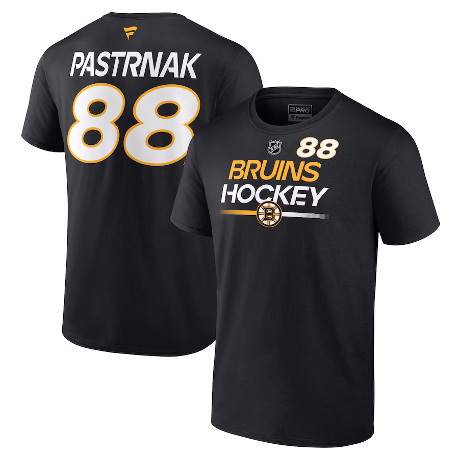 Men's Boston Bruins David Pastrnak Fanatics Black Authentic Pro Prime Name & Number T-Shirt - Jersey