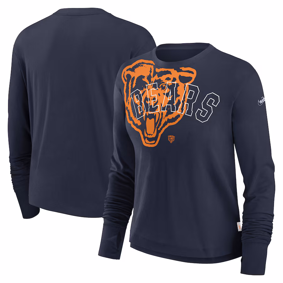 Women's Chicago Bears Nike Navy Layered Logo Cropped Long Sleeve Fashion T-Shirt - Jersey