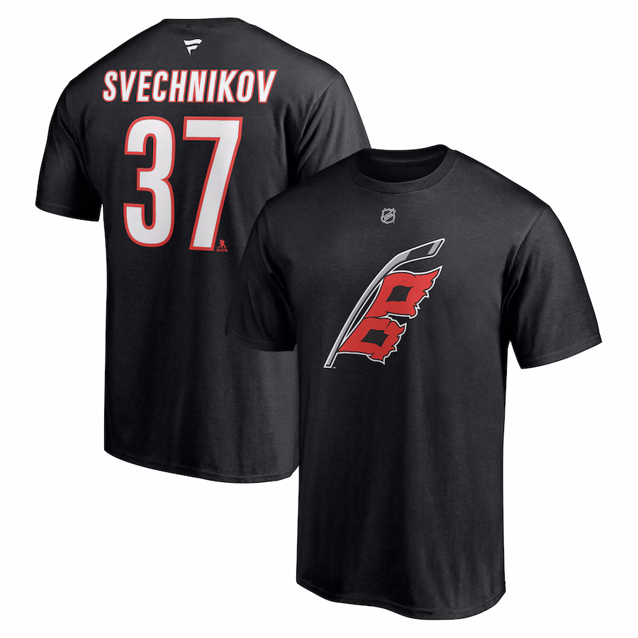 Men's Carolina Hurricanes Andrei Svechnikov Fanatics Black Alternate Authentic Stack Name & Number T-Shirt - Jersey