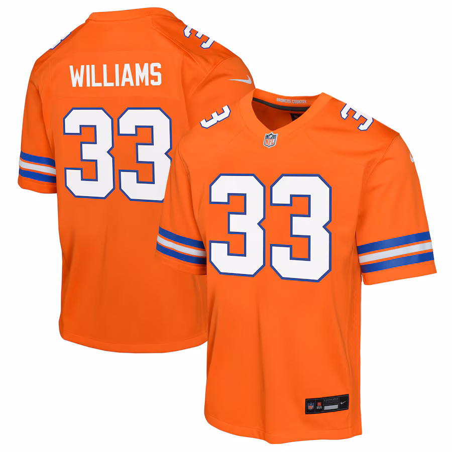 Youth Denver Broncos Javonte Williams Nike Orange Mile High Collection 1977 Throwback Game Jersey - Jersey