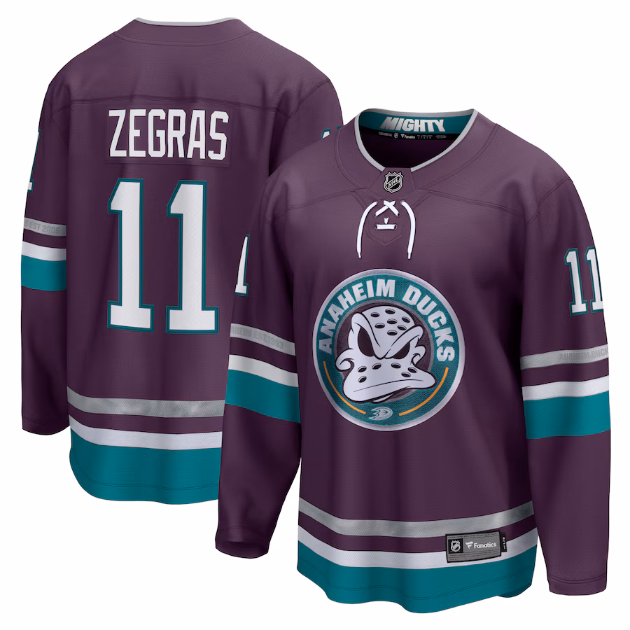 Men's Anaheim Ducks Trevor Zegras Fanatics Purple 30th Anniversary Premier Breakaway Jersey - Jersey