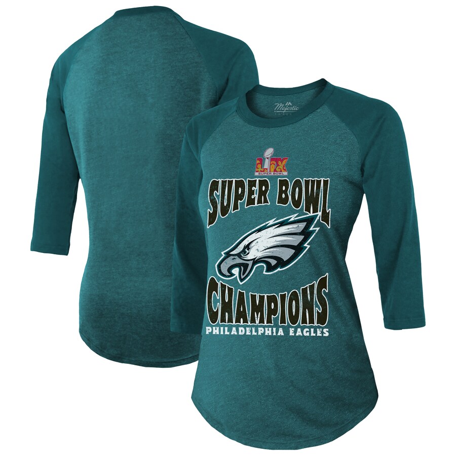 Women's Philadelphia Eagles  Majestic Threads Midnight Green Super Bowl LIX Champions Foe Tri-Blend 3/4 Sleeve Raglan T-Shirt - Jersey